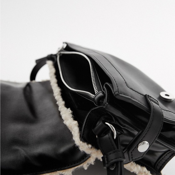 Zara Sherpa Fleece Leather Crossbody Sactchel with Faux Shearling - Picture 5 of 14